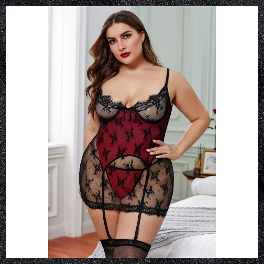 Red & Black Lace Layered Garter Chemise Dress Plus Size - Picture 6 of 11